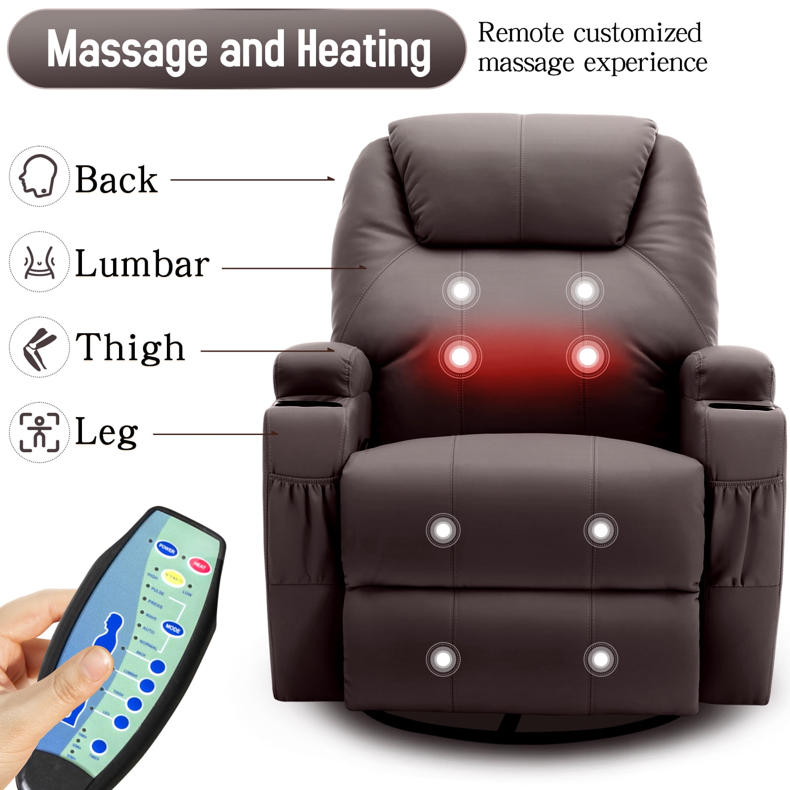 Korser Swivel Rocker Recliner Chair with Massage Faux Leather for Living Room,Brown