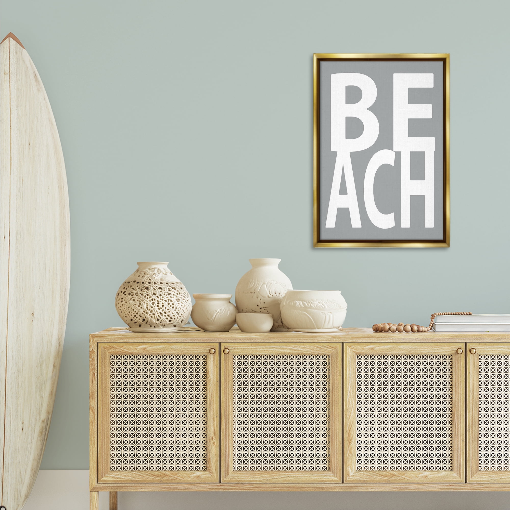 Stupell Industries Beach Word on Grey Typography Painting Gold Floater Framed Art Print Wall Art, 21 x 31