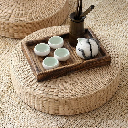 Velvet Floor Cushions 40cm Tatami Cushion Chair Seat Handmade Natural Straw Round Straw Weave Pillow Home Floor Yoga Mat ()