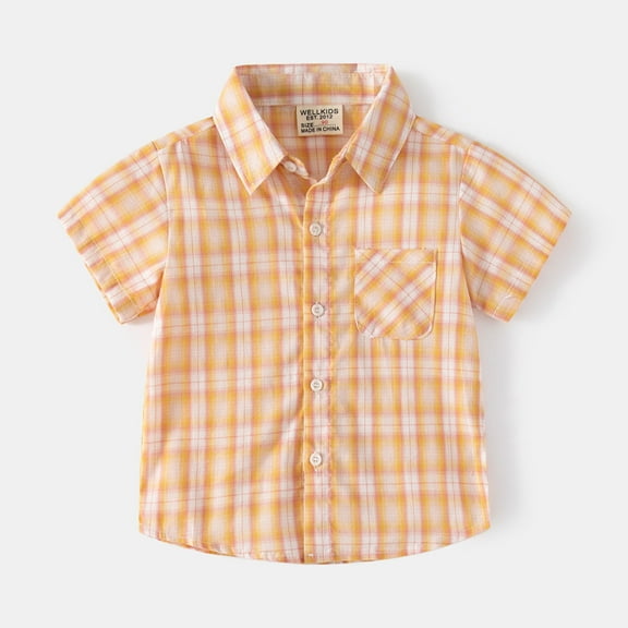 Vedolay Tops for Boy Plaid Short Sleeve Lapel Button Shirt,Beige 2-3 Years