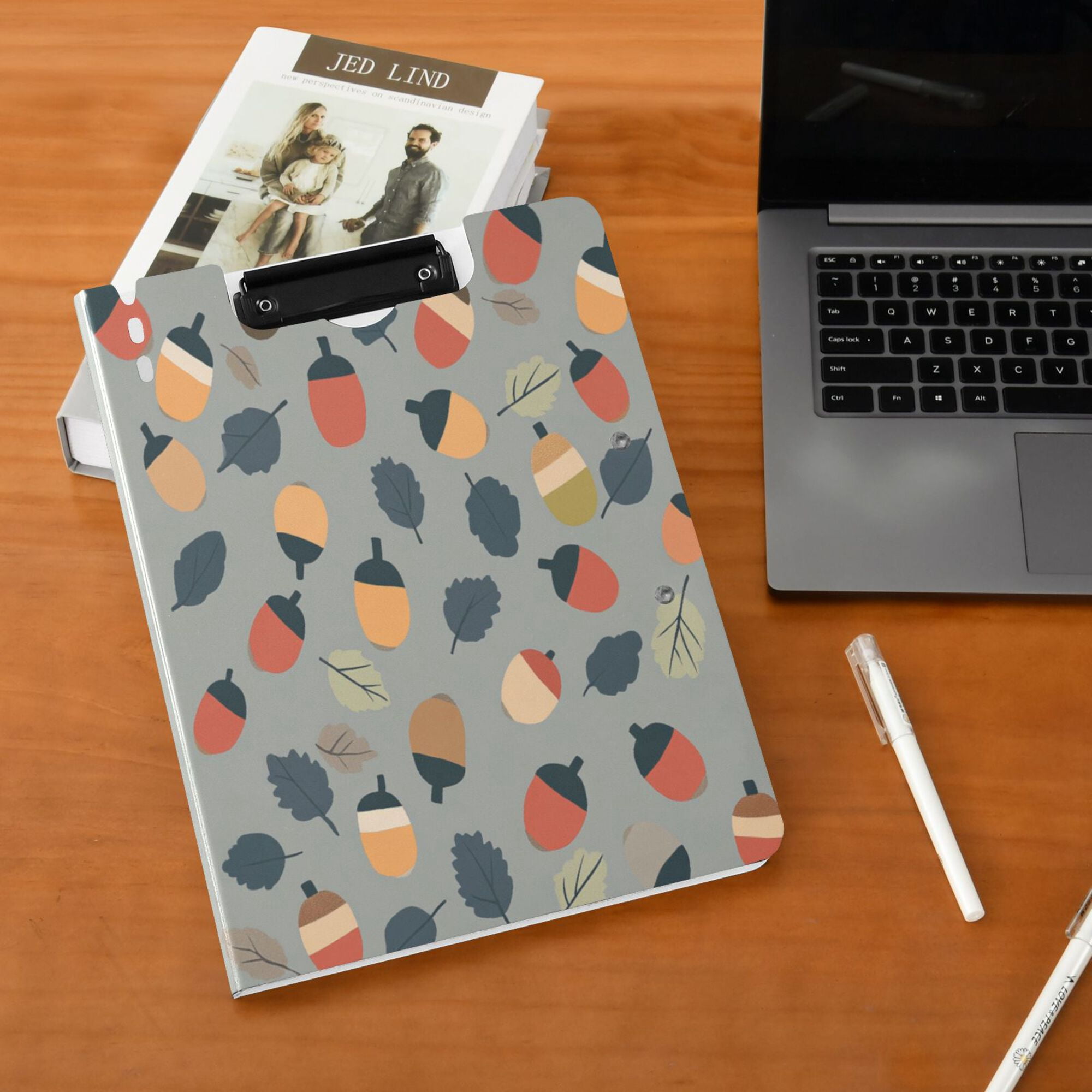 FORMRS A4 Clipboard Folder with Pen Holder Horizontal Foldable School Office Binder, Gray Acorns Pattern