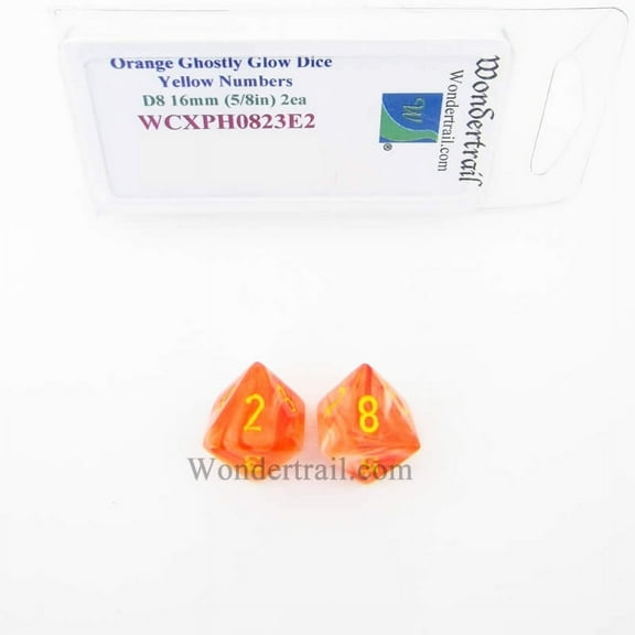 Orange Ghostly Glow Dice with Yellow Numbers D8 16mm (5/8in) Pack of 2 Wondertrail