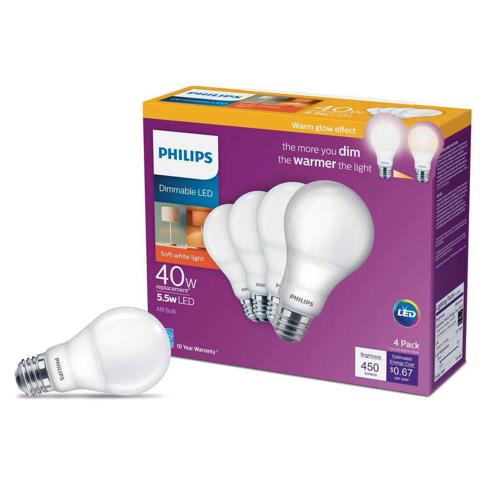 Philips 40Watt Equivalent A19 Dimmable with Warm Glow Dimming Effect