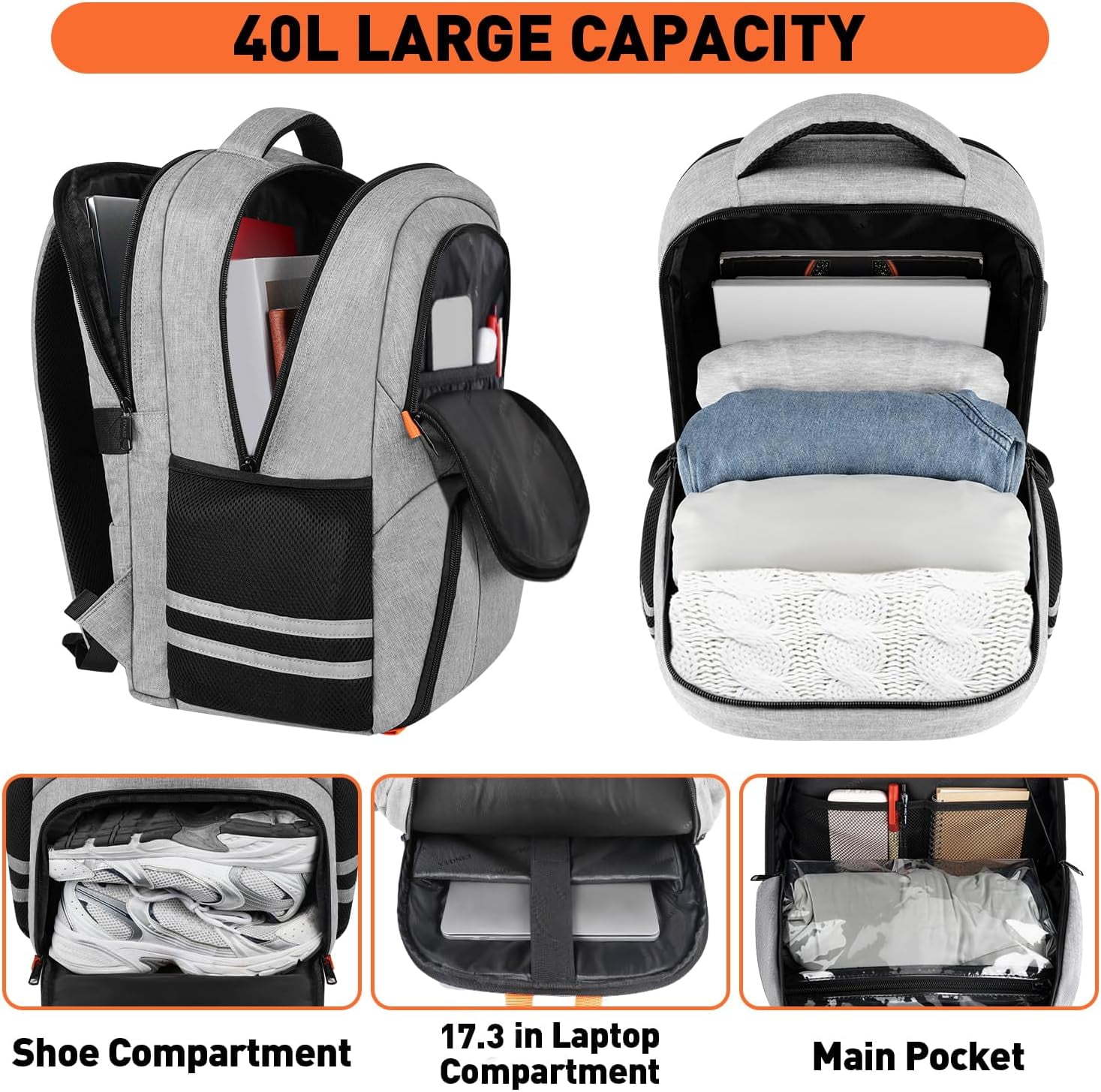 Ytonet Travel Backpack for Men & Women, Water-Resistant Sports Backpack with Shoe Compartment, Fits 15.6-inch Laptop – Ideal for Workouts, Camping, Hiking, Gray