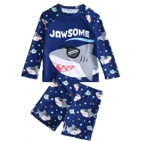 Gaexia Boys Swimsuit 2 Piece Rash Guard Dolphin Print Short Sleeve Stretch Swimsuit Shorts Bathing Suit Snug Fit Swimsuit Kids Swimwear Back-To Swim (Blue-A 5-6 Years)