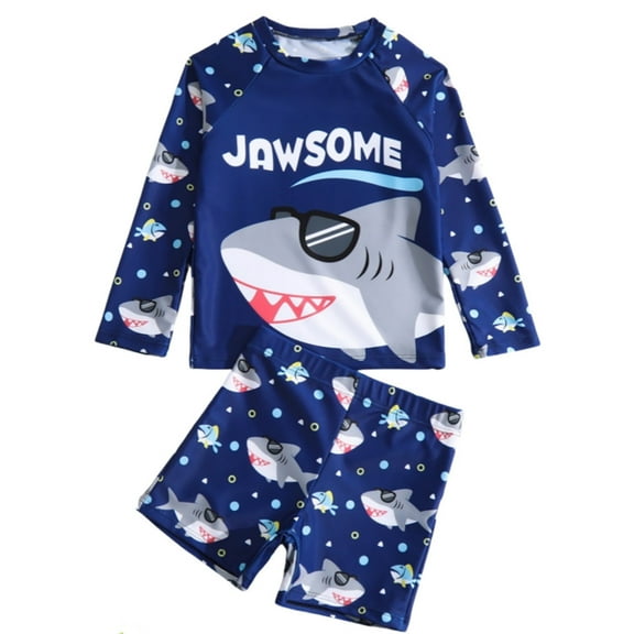Kiijoy Boys 2 Piece Swimsuits Long Sleeve Cute Print Rash Guard Shorts Set Swimwear, Sizes 1-6