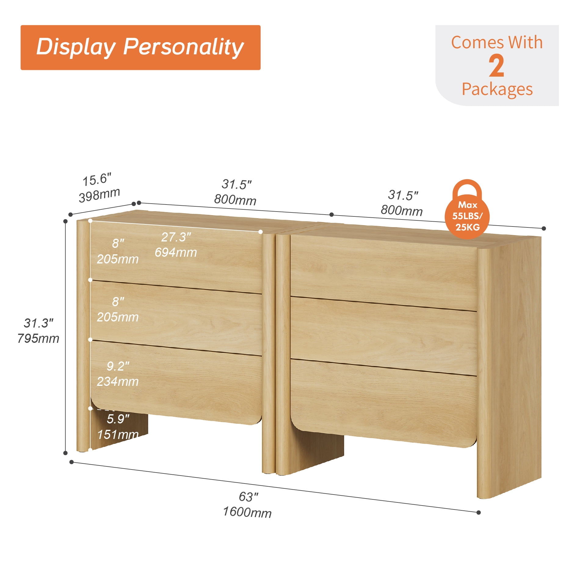 Modern French TV Stand, 63-Inch 2-Piece Media Console with 6 Push-to-Open Drawers, Supports TVs up to 70 Inches, Oak