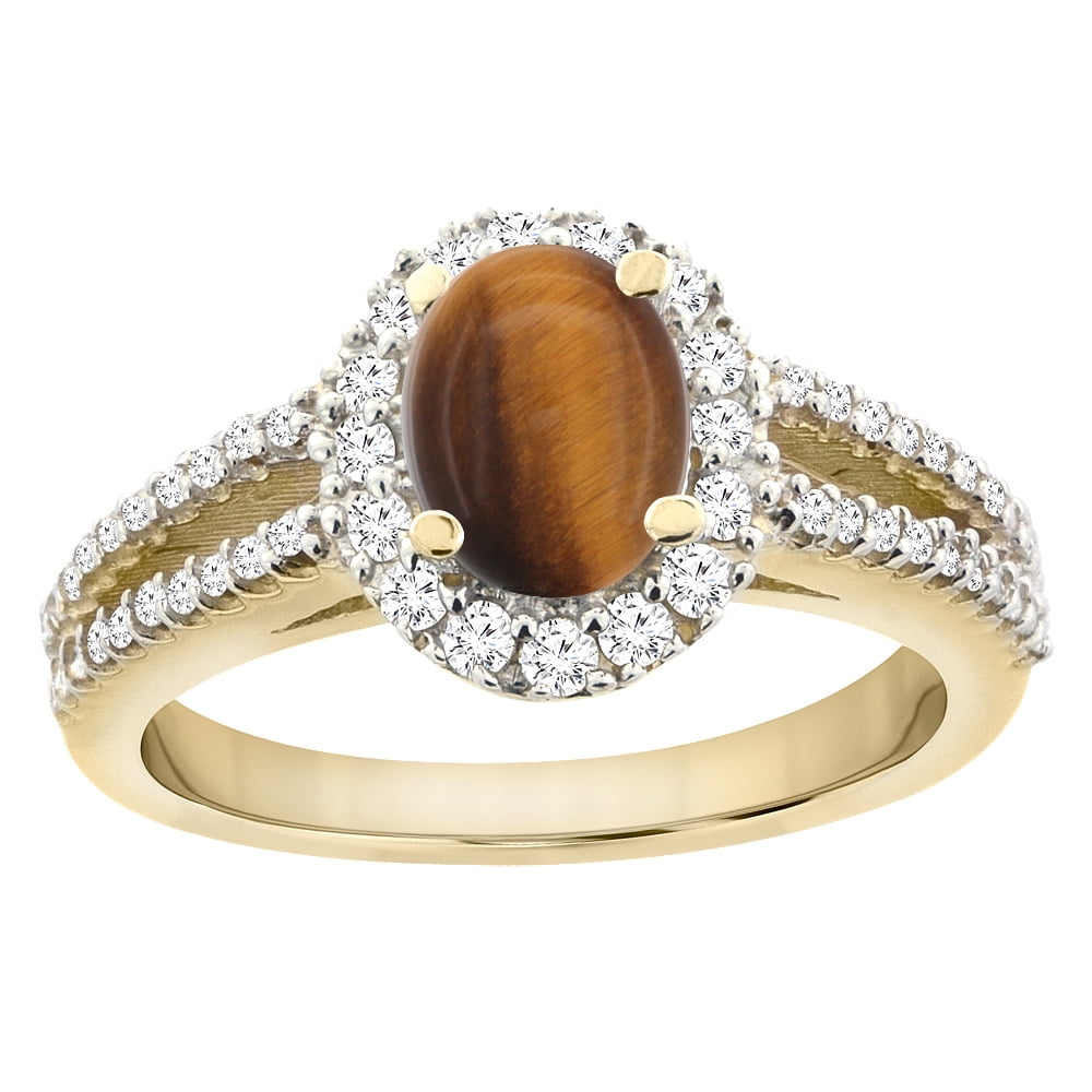 14K Yellow Gold Natural Tiger Eye Split Shank Halo Engagement Ring Oval 7x5 mm, size 5 by Gabriella Gold