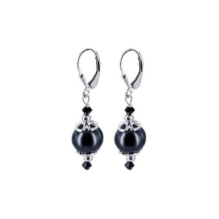 Gray Gemstone Earrings - Gem Avenue 925 Sterling Silver Dark Grey Faux Pearl Leverback Drop Earrings