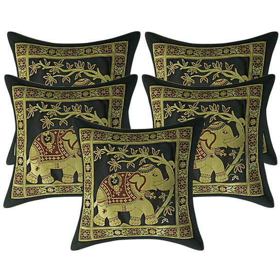 Stylo Culture Ethnic Boho Brocade Black And Gold Throw Pillow Covers 12x12 Jacquard Weave Banarasi Sofa Boho Pillow Covers Elephant Floral 30x30 cm Decorative Cushion Covers (Set Of 5)