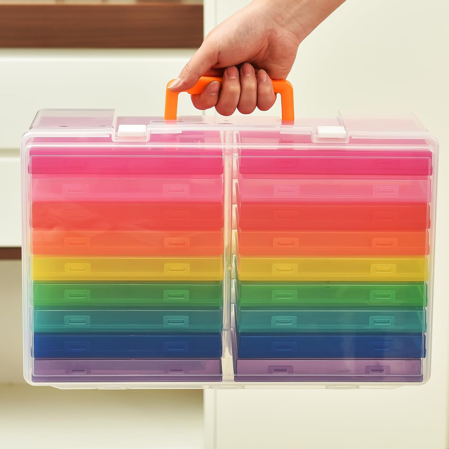 Photo Storage Box 5" x 7" with Handle, 18 pcs Inner Photo Containers Organizer and Craft Keeper, Portable Picture Case with Label for Seed, Arts, Crafts, Sewing, Stickers, Office - Colorful