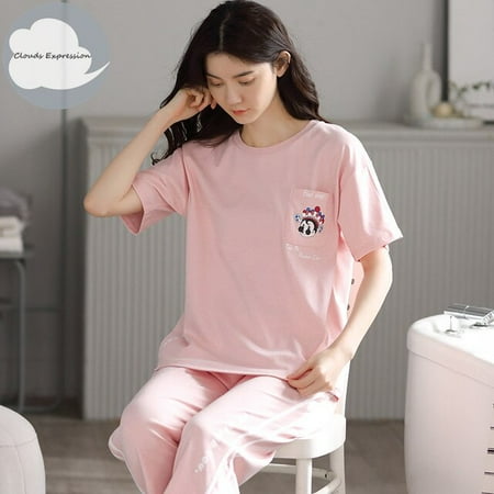 

QWZNDZGR Summer 100% Cotton Cartoon Pajamas Sets Women Pyjamas Sleepwear Nightwear Pijama Mujer Size M-2XL Calf-Length Pants Homewear
