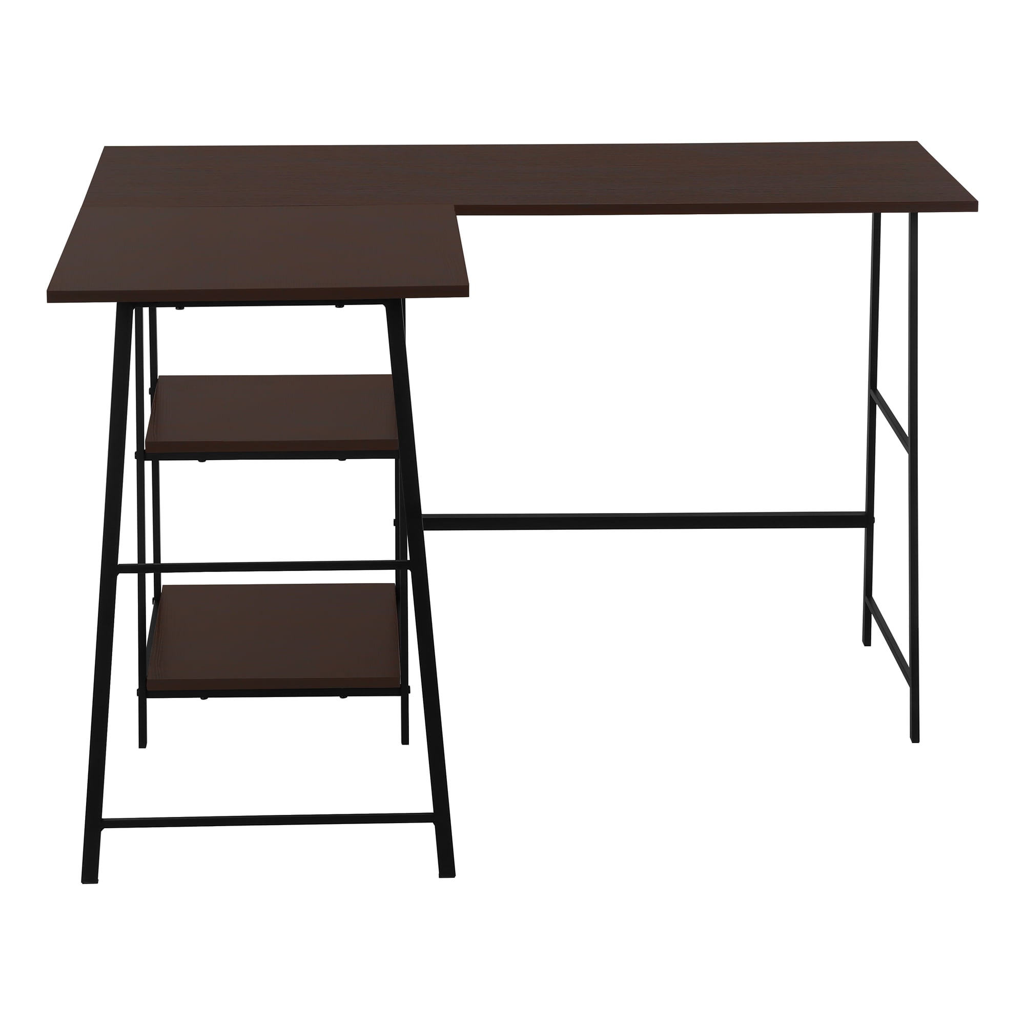 48 Inch L Shaped Espresso Brown Computer Desk with Black Sawhorse Legs and Shelves