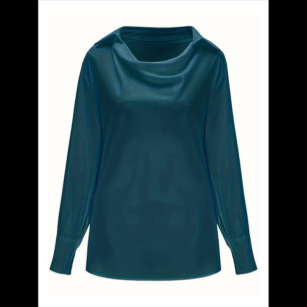 Blusa Elegante de Satén de Seda para Mujer, con Cuello Vuelto, Fruncido en la Parte Delantera, Drapeada, Larga, para Oficina y Trabajo. Azul Pavo Real XXL
