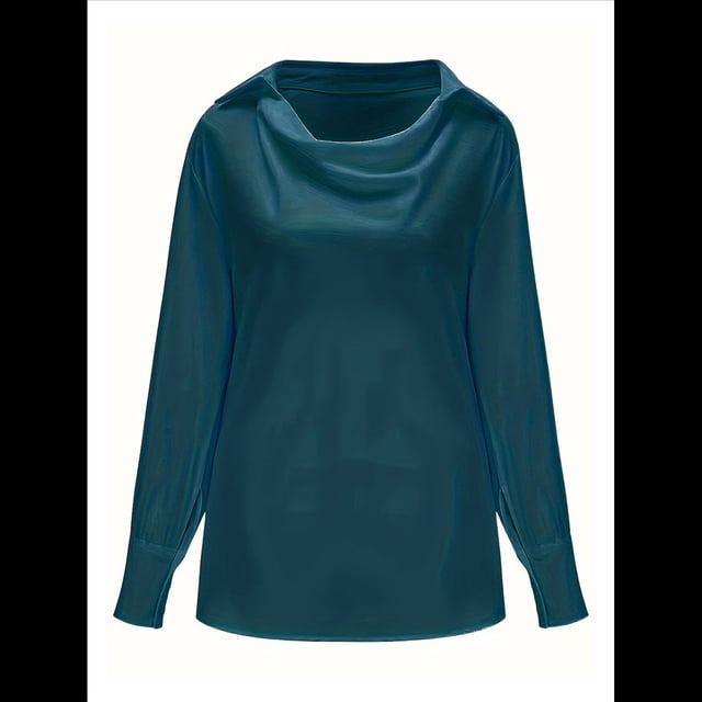 Blusa Elegante de Satén de Seda para Mujer, con Cuello Vuelto, Fruncido en la Parte Delantera, Drapeada, Larga, para Oficina y Trabajo. Azul Pavo Real S