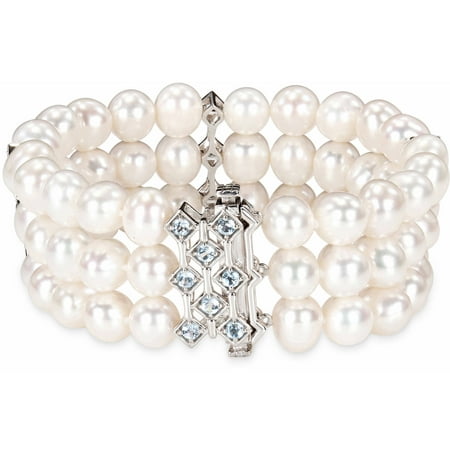 Tangelo 7.5-8mm Cultured Freshwater White Pearl and 1-1/5 Carat T.G.W. Blue Topaz Sterling Silver 3-Row Stretch Bracelet, 7