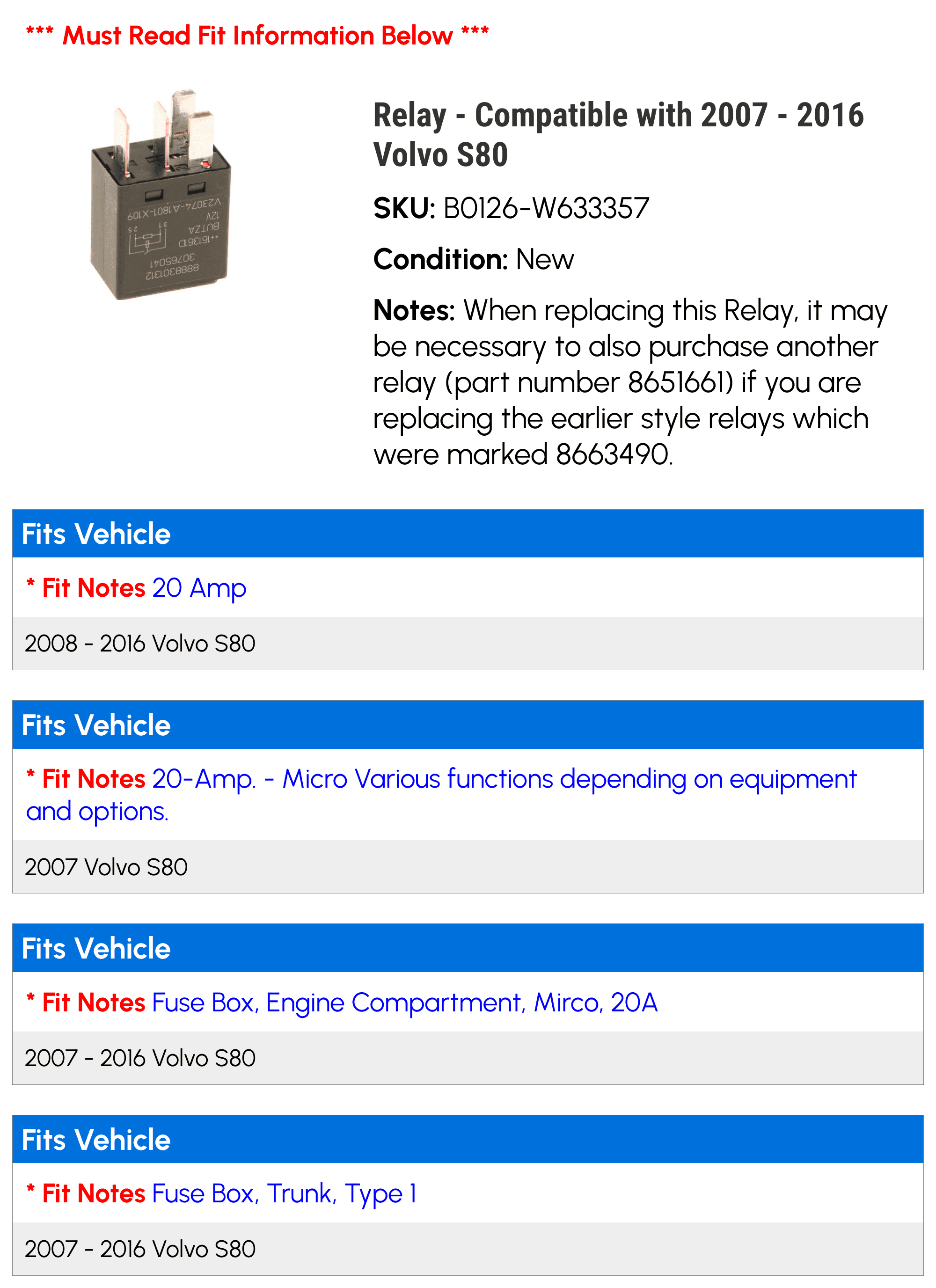 Relay - Compatible with 2007 - 2016 Volvo S80 2008 2009 2010 2011 2012 2013 2014 2015