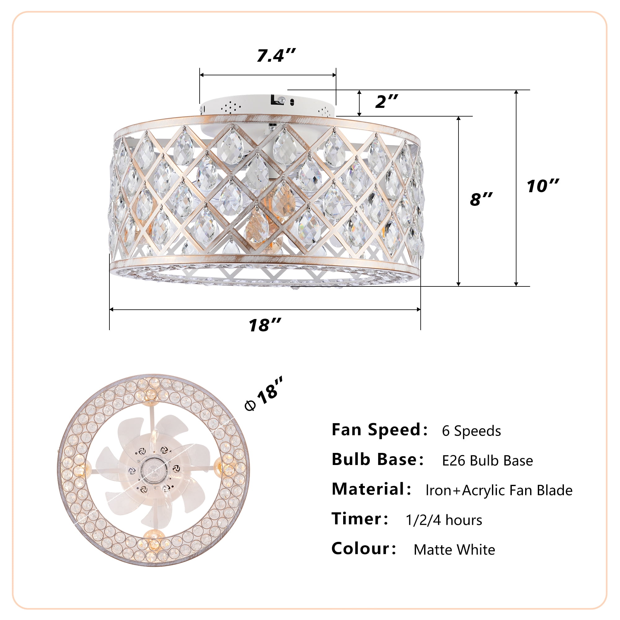 Leumius 19.6" Crystal Ceiling Fans with Light and Remote Control, Chandelier Fan 6 Speed DC Motor Reversible Ceiling Fan for Living Room Bedroom (NOT Included Bulbs)