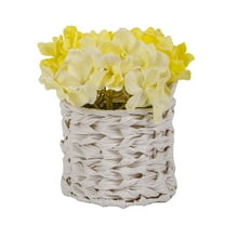 10 in. Light Yellow Hydrangea Bouquet in White Basket