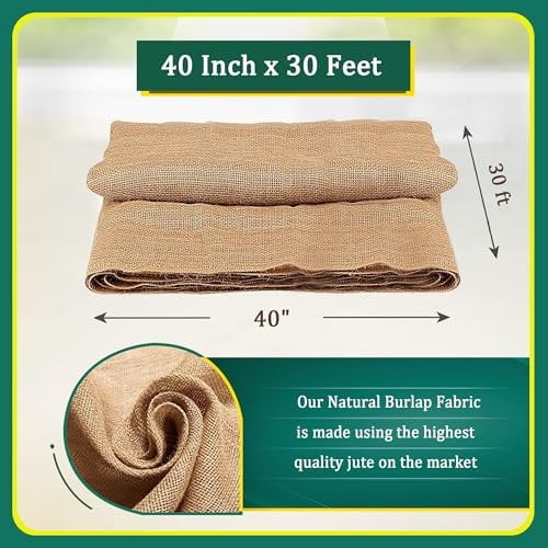 FIBEUSION Burlap for Gardening 40" x 30 Feet - Multipurpose Natural Burlap Fabric - High Density Jute Fiber Suitable for Weed Barrier, Frost Guard for Gardening, Home Decorations and Crafts