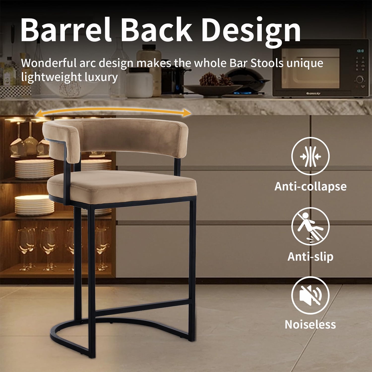 Set of 2 Beige Modern Velvet Bar Stools with Barrel Backrest, Upholstered Seat, Metal Footrest 25.6 Inch Seat Height, Ideal for Counters, Home Bars, and Kitchen Islands
