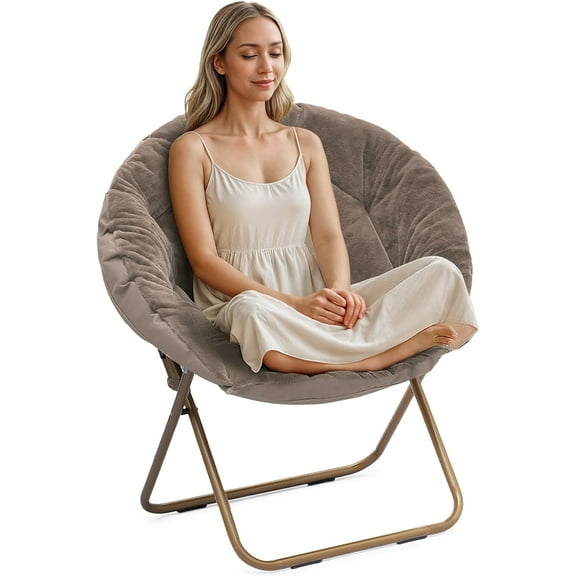 ERTWER Comfy Saucer Chair Set of 1, Folding Moon Chair with Faux Fur, Cozy Accent Chair with Foldable Metal Frame, Lazy Papasan Chair for Bedroom, Living Room, Reading, Gaming, Camping, Brown