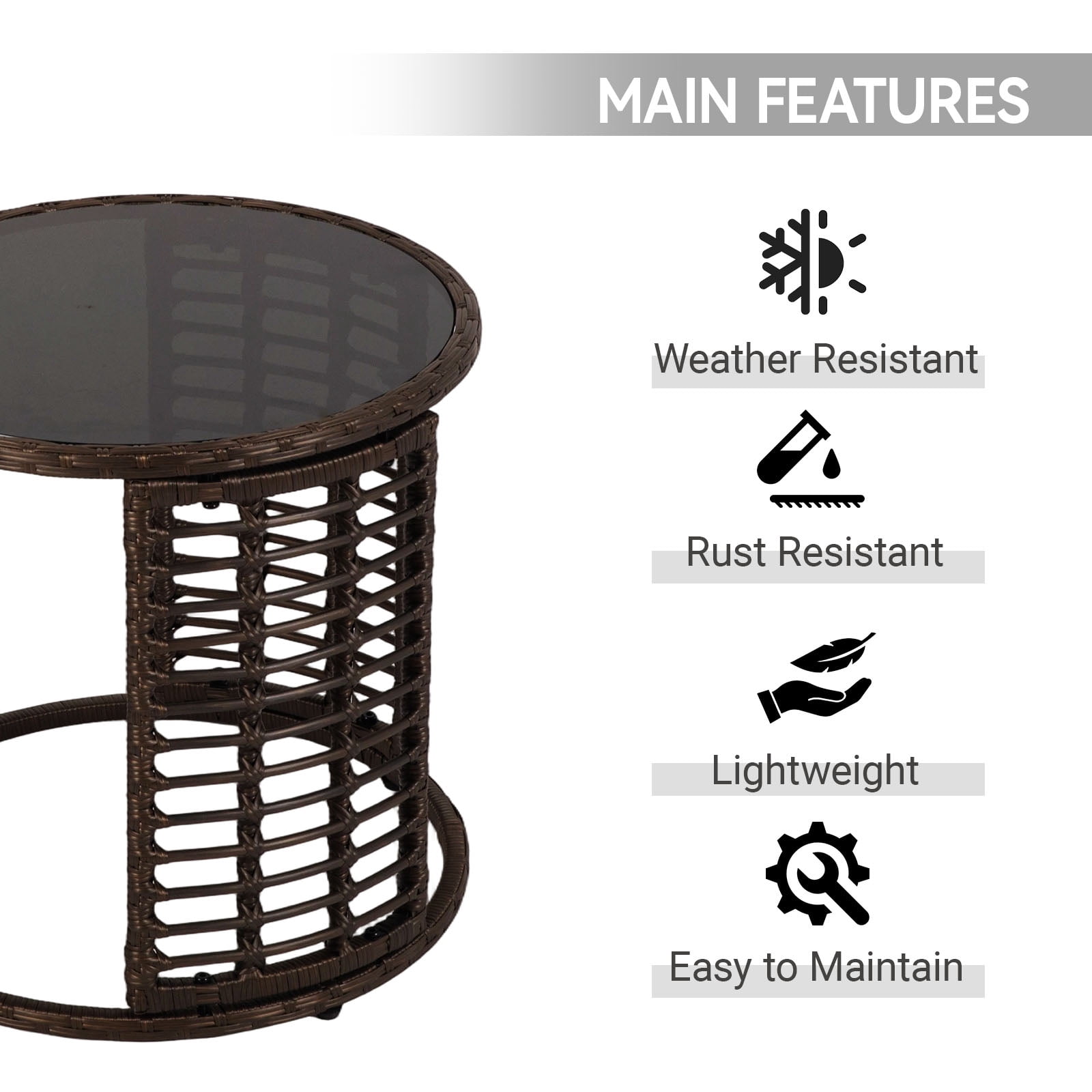 Kinbor Round Outdoor Wicker Coffee Table – Patio Side Table with Tempered Glass Top, Ottoman Style End Table for Balcony, Porch, Deck, Garden, Weather-Resistant Rattan, Easy Assembly