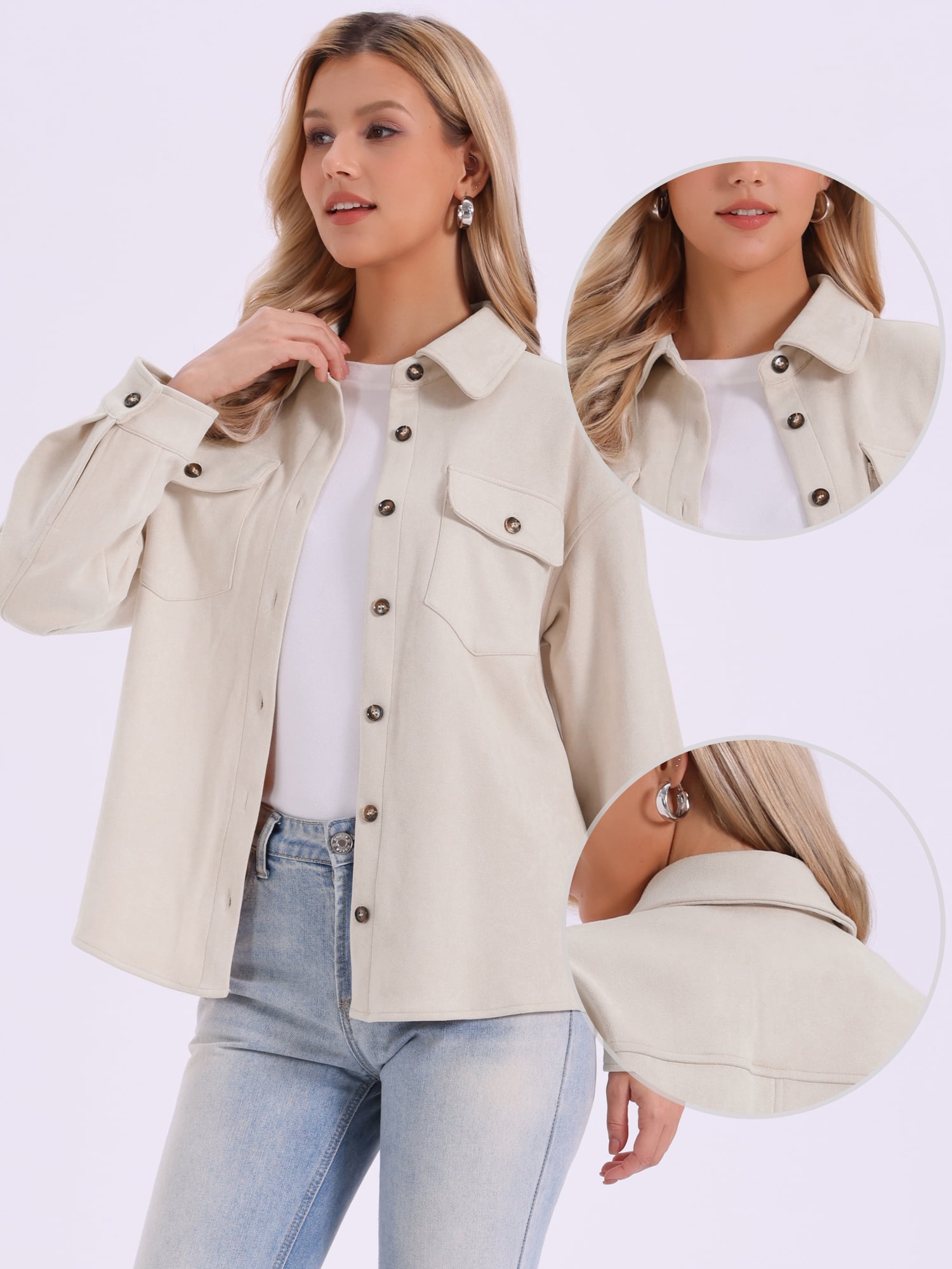 DARING DIVA Women's Turn-Down Collar Long Sleeve Button Down Jacket M Apricot