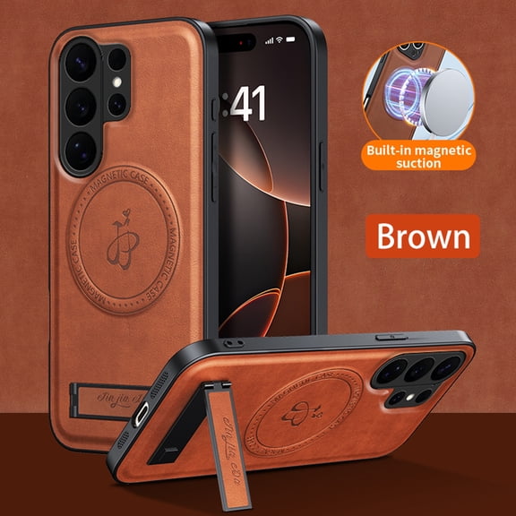 ELEHOLD Magnetic Case for Samsung Galaxy S26 Ultra, Leather Texture Shockproof Phone Case Built-in Stand, Car Mount Magnetic Compatible,Brown