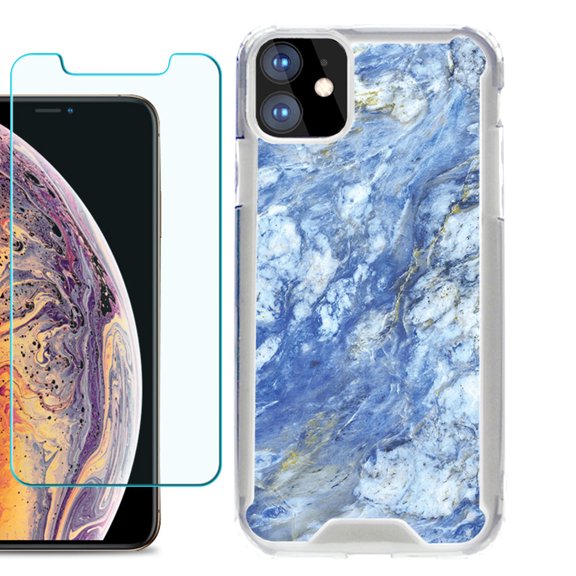 For Apple iPhone 11 Case, Hybrid Bumper Phone Case, with Tempered Glass Screen Protector, by OneToughShield ® - Marble / Gem Blue