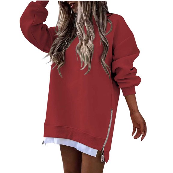 Ltctricy Sweatshirts Dress for Women Casual Long Sleeve Crewneck Mini Dress Oversized Loose Side Slits Zipper Pullover Dress