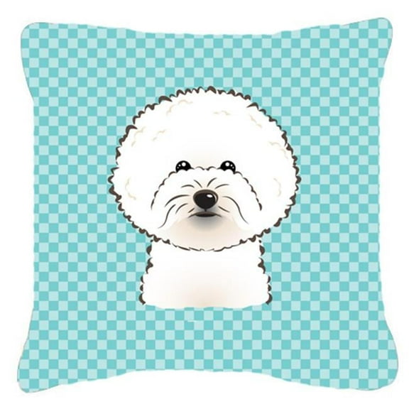 Checkerboard Blue Bichon Frise Fabric Decorative Pillow, 14 x 14 In.