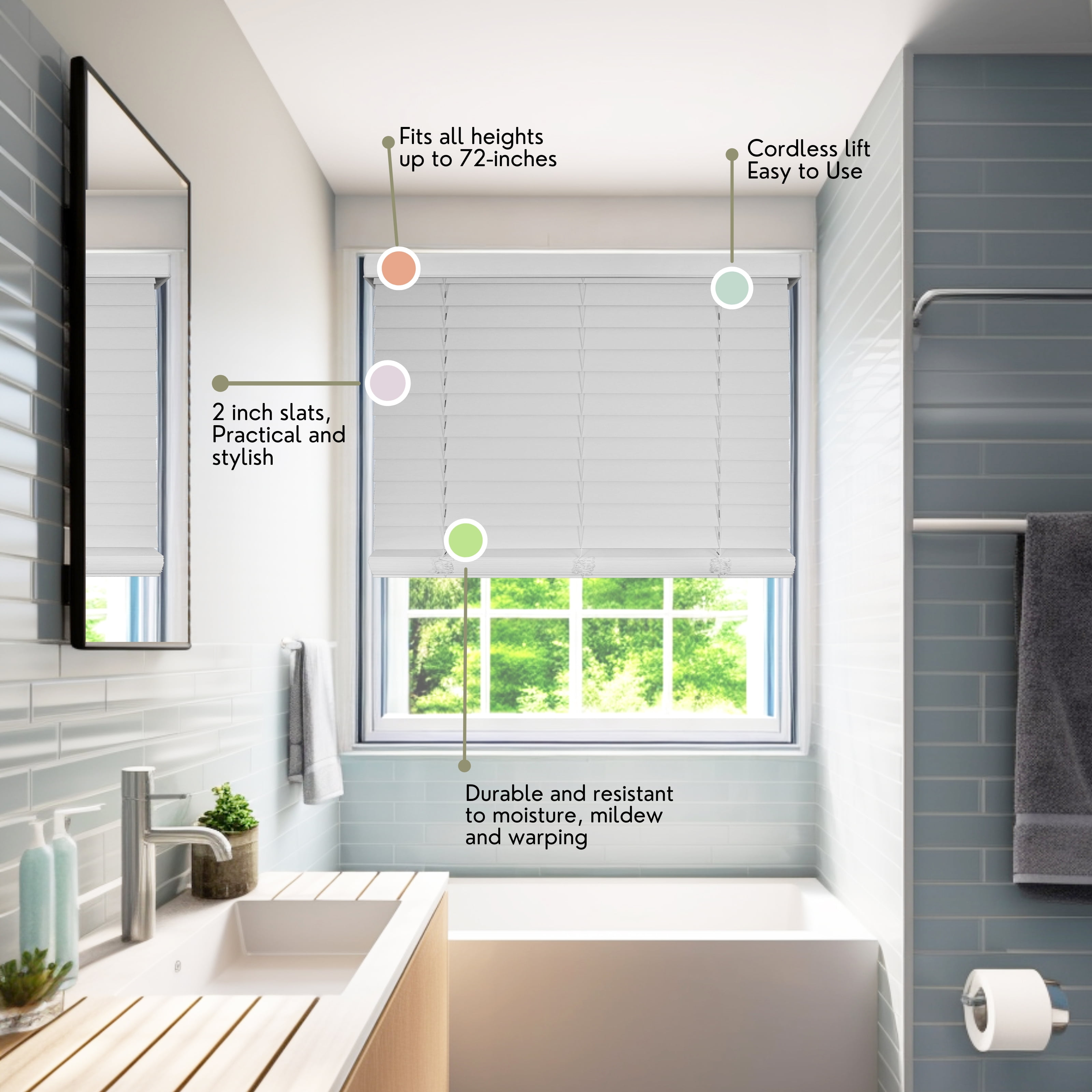 Chicology Cordless Faux Wood Blinds, White Textured (2" Slat), 24.5"W X 72"H