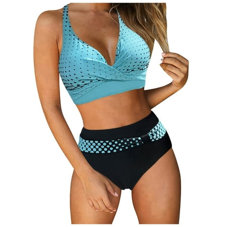 Akiihool Bikini Sets for Women Plus Size Women High Waisted Bikini Set Sports Color Block Swimsuit Scoop Neck Cheeky Bathing Suit (Light Blue L)