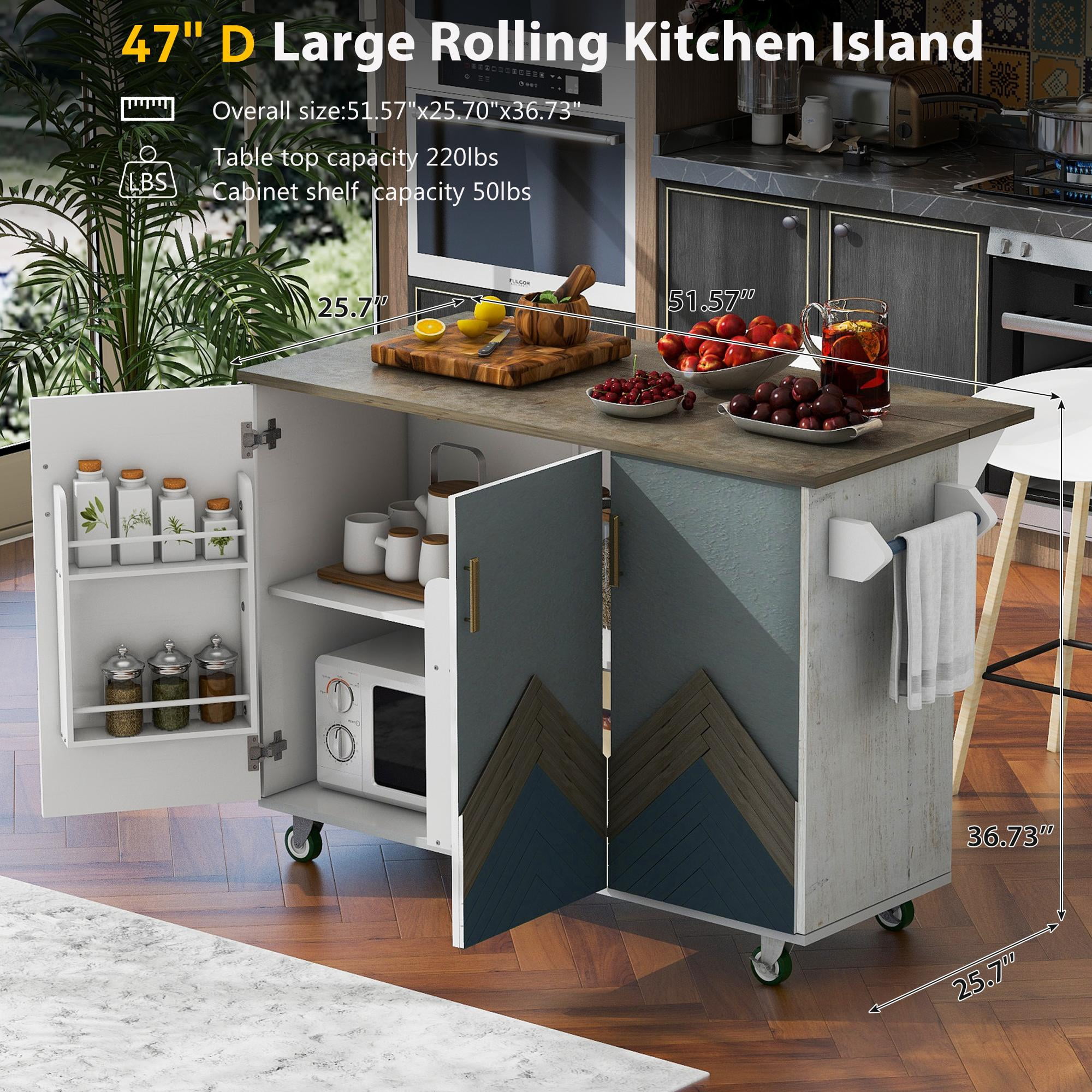 PORKISS Kitchen Island with Storage, Wooden Classical Storage Cart on Wheels with Drop Leaf for Living Room, Kitchen, Dining Room, Mountain Grain White