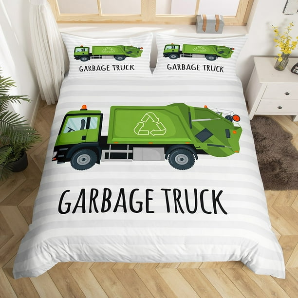 Garbage Truck Comforter Cover Boys Green Vehicle Truck Bedding Set for