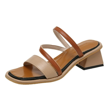 

Womens Sandals Fashion Summer Women Sandals Mid Heel Chunky Heel Open Toe Strap Slip On Casual Women S Sandals Pu Khaki 38
