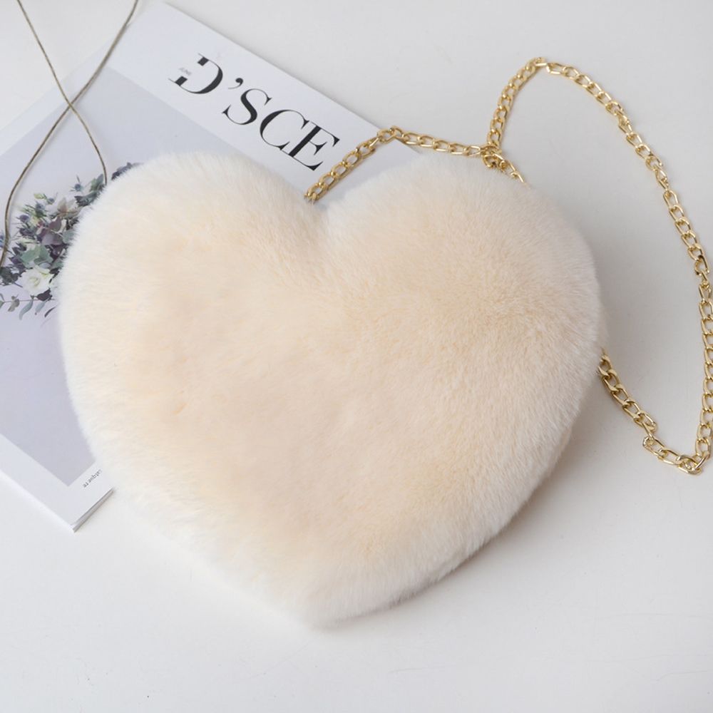 Soft Cute Chain Plush Heart Shaped Faux Fur Cross-body Bag Women Shoulder  Bag Korean Style Diagonal Bag Handbag PINK 