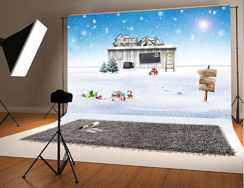 HelloDecor Polyester Fabric 7x5ft Christmas Photography Background Gift Wooden Chalet Backdrops Xmas Snow Photo Booth Props