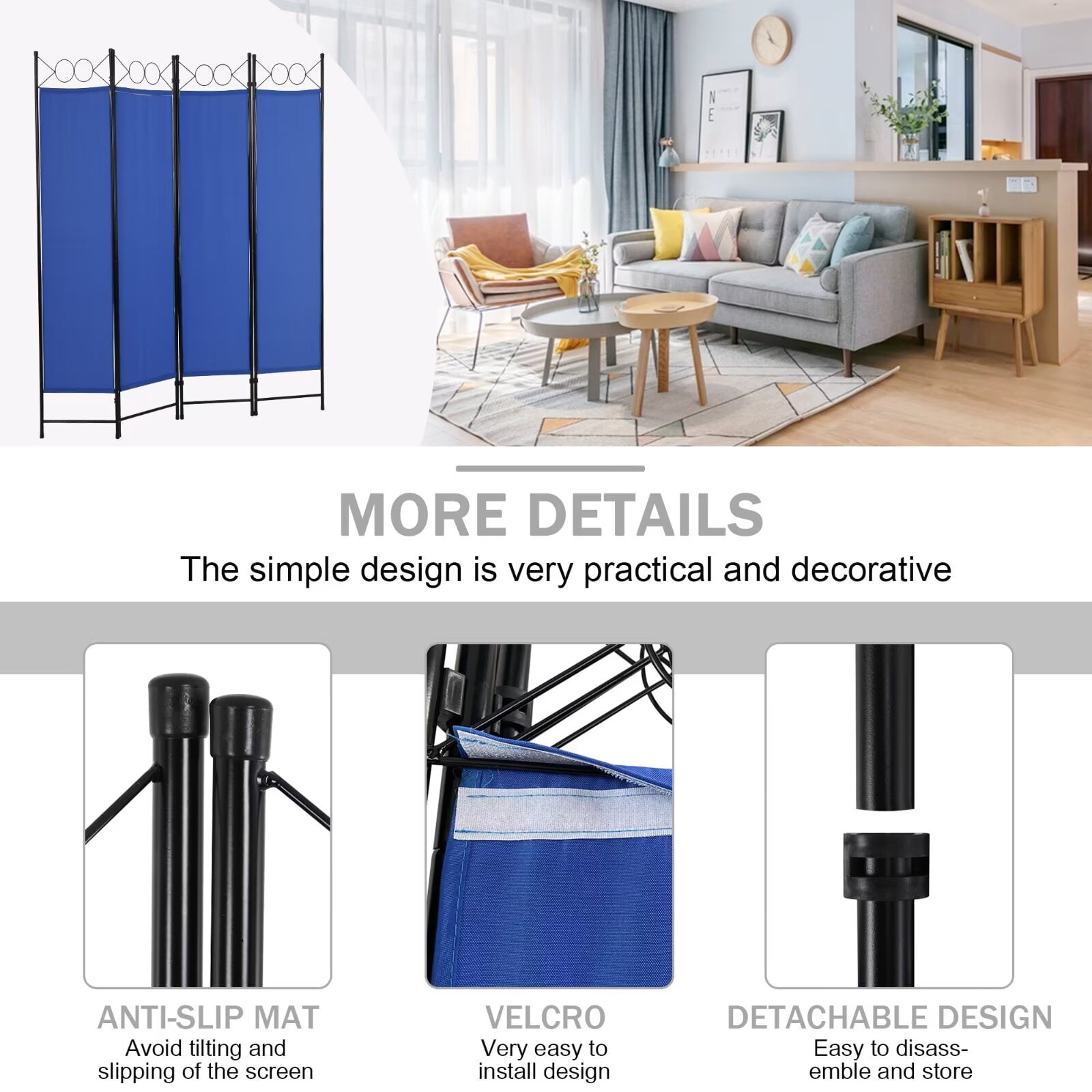 YRLLENSDAN,4 Panel,Room Dividers Panel,Folding Screen Room Divider,Office Partition Walls,Independent Type,Portable,Steel Frame,Blue
