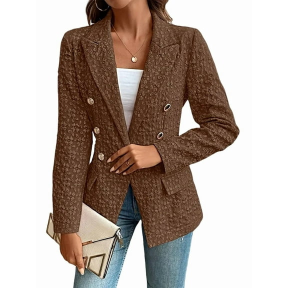 Women'S V Neck Blazer Double Breasted Long Sleeved Lapel Blazer Workplace Business Work Suit Brown M
