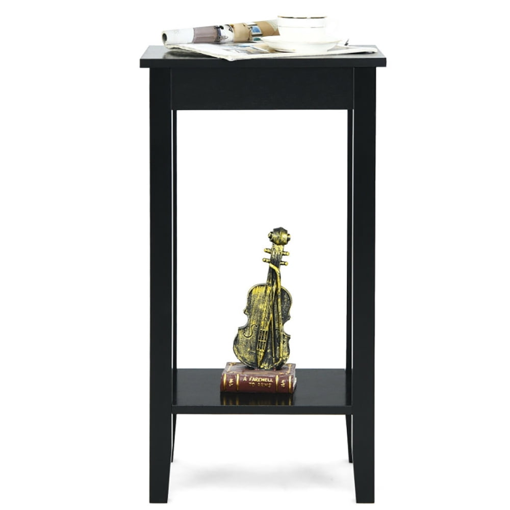 Finihen End Side Table, Sofa Side Table, Bed Side Table, 2-Tier Nightstand End Side Wooden Legs Table, for Living Room, Bedroom, Black