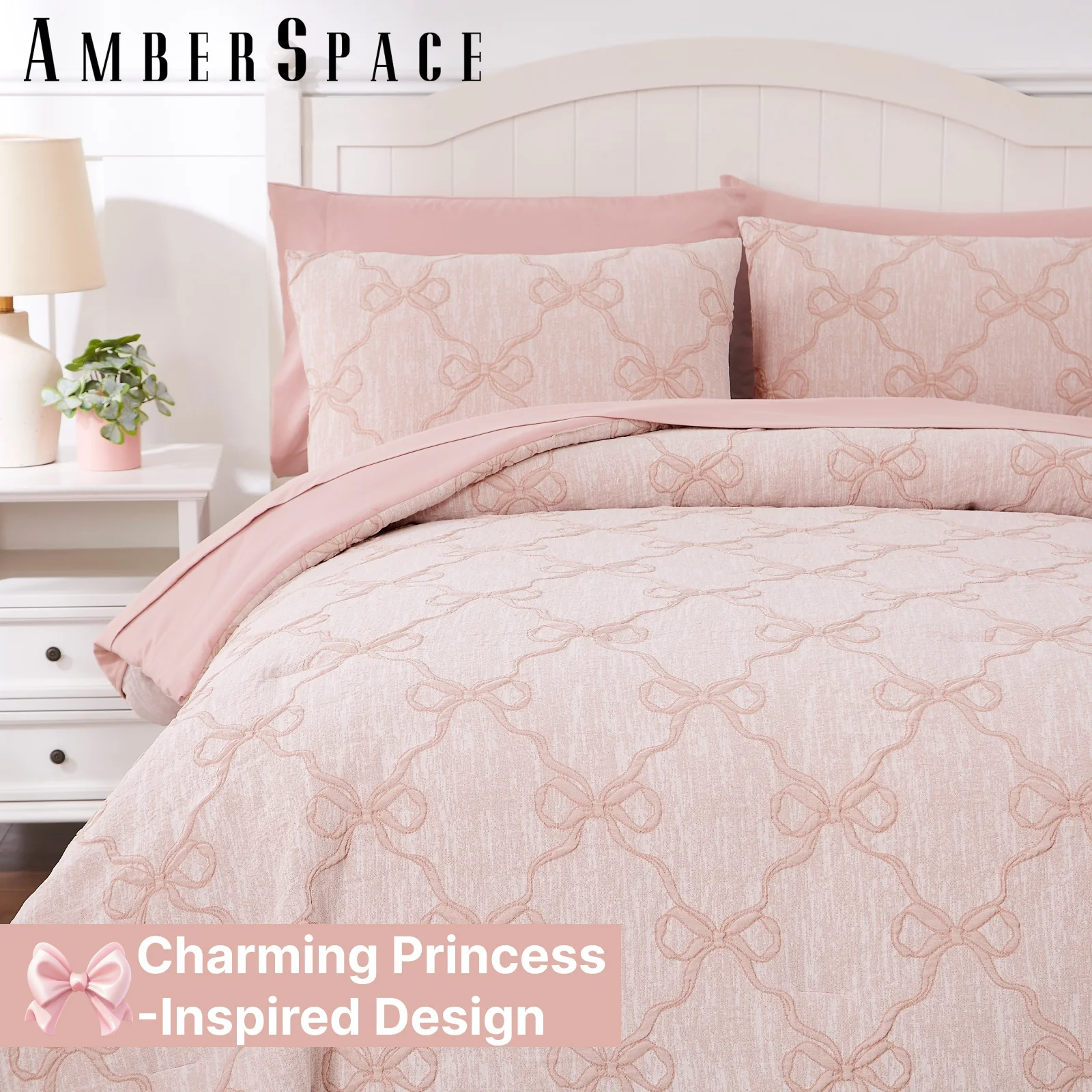 Amberspace Diamond Bow Design 7-piece Bed in a Bag Comforter Set with Sheets,Pink,Full