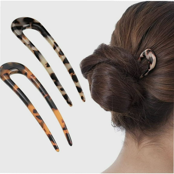 [2 Pack] French Style Cellulose Acetate Tortoise Shell U Shaped Hair Pin Fork 2 Prong Updo Chignon Pin for Women Girls Hairstyle Accessories（Tortoiseshell and White Tortoiseshell)
