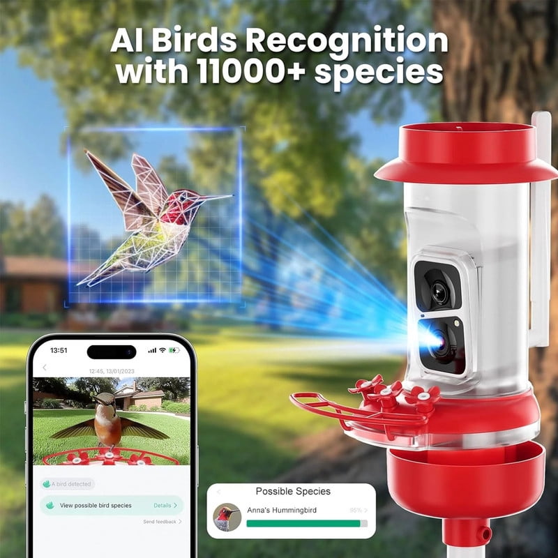 Soliom Smart Hummingbird Feeder Camera 2K Live & AI, Leak-Proof, Ant & Bee-Proof, Solar Powered, Outdoor Pole/Hook Hanging, 16oz, Red – Ideal Family Gift