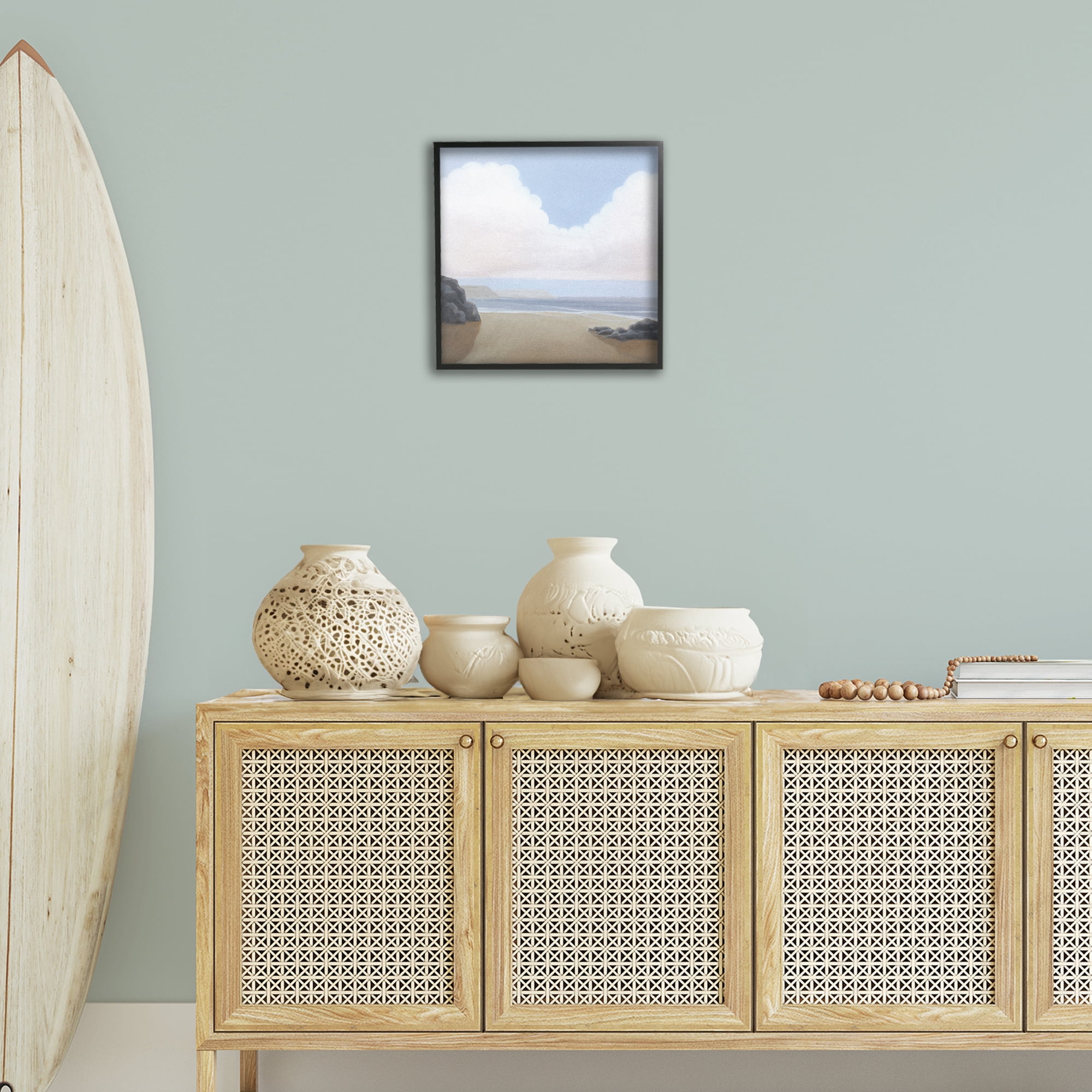 Stupell Industries Fluffy Clouds Over Beach Landscape Painting Black Framed Art Print Wall Art, 17 x 17