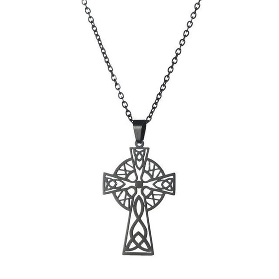 Celtic Cross Necklace Womens Black 316L Stainless Steel Trinity Crucifix Amulet Fantasy Forge Jewelry