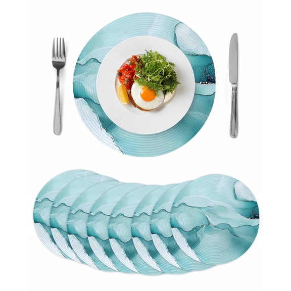 Turquoise Marble Round 15 Inch Placemats Set of 8, Modern Abstract Art Texture Watercolor HeatResistant Non Slip Place Mats for Dining Table, Wipeable Braided Kitchen Table Mats for Housewarming