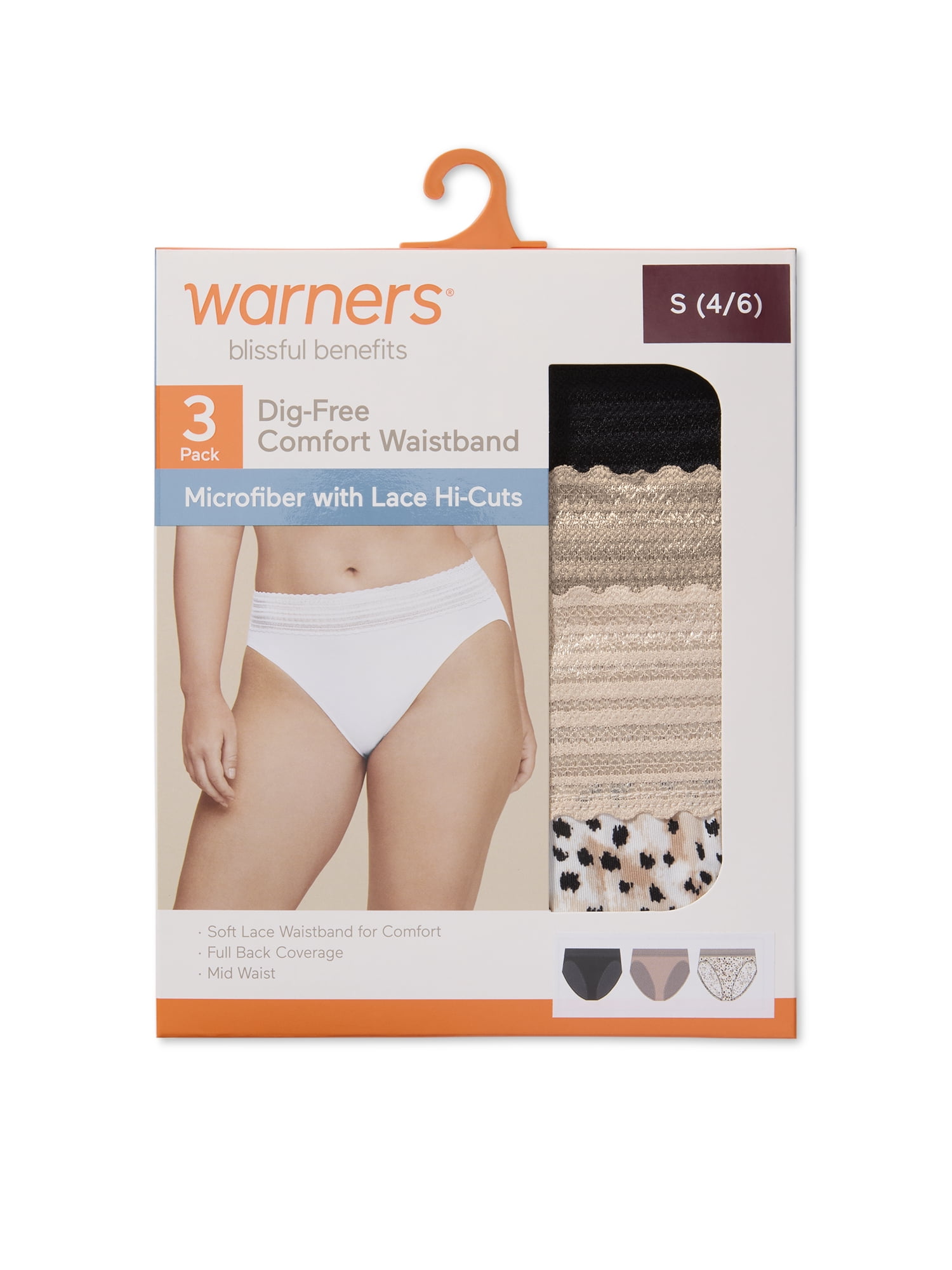 Warners® Blissful Benefits Women's Dig-Free Comfort Mid Waist Microfiber Hi-Cut with Lace 3-Pack S-3XL