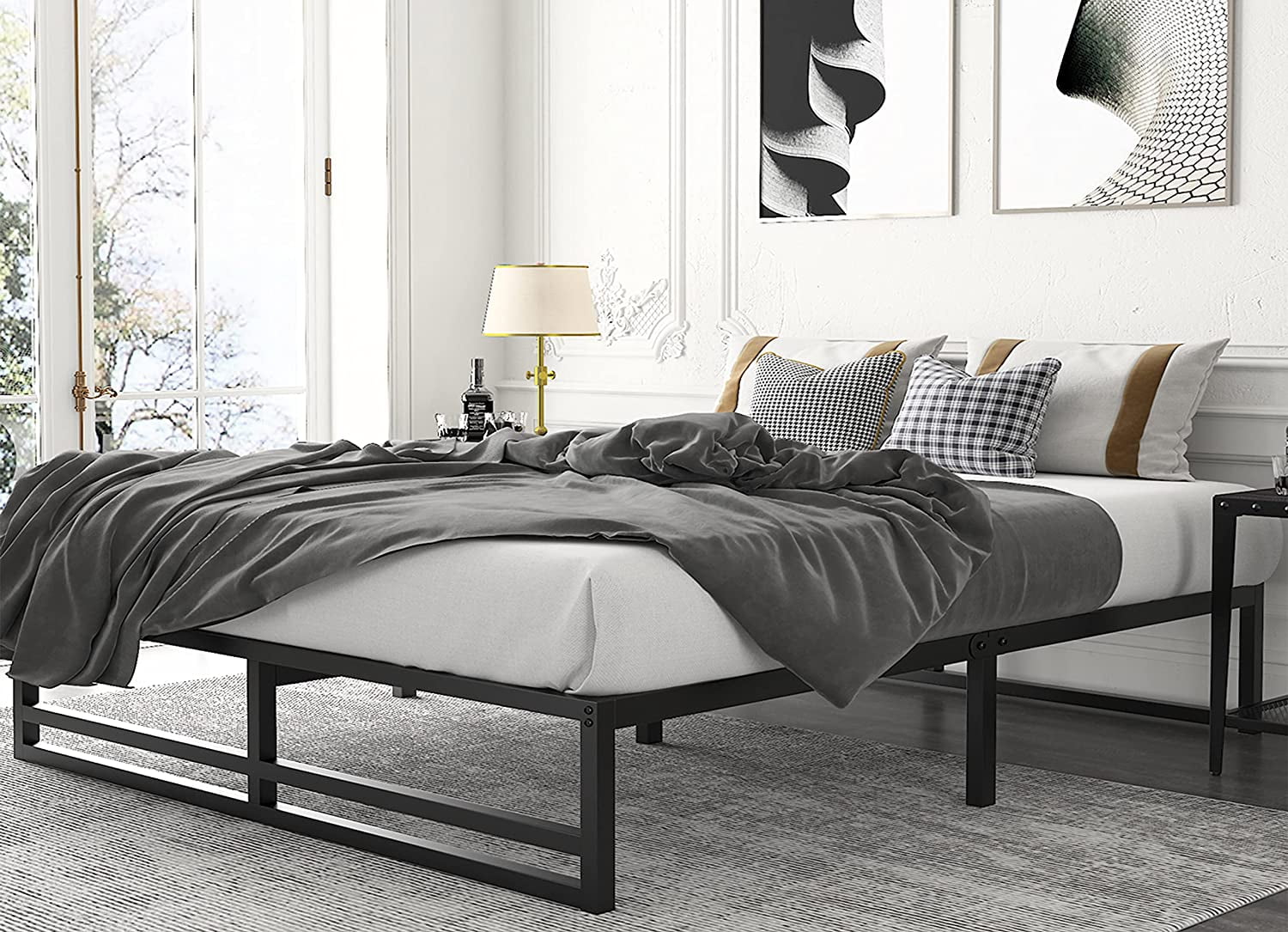 Amolife Queen Size 14'' Metal Platform Bed Frame with Large Under Bed Storage Space, Black